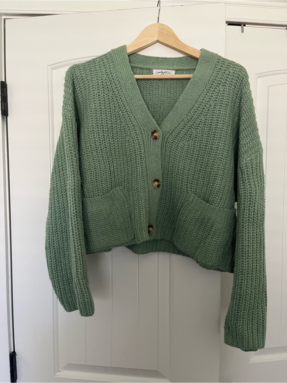Carly Jean Los Angeles Sage Green Chunky V-Neck Pocket Cardigan